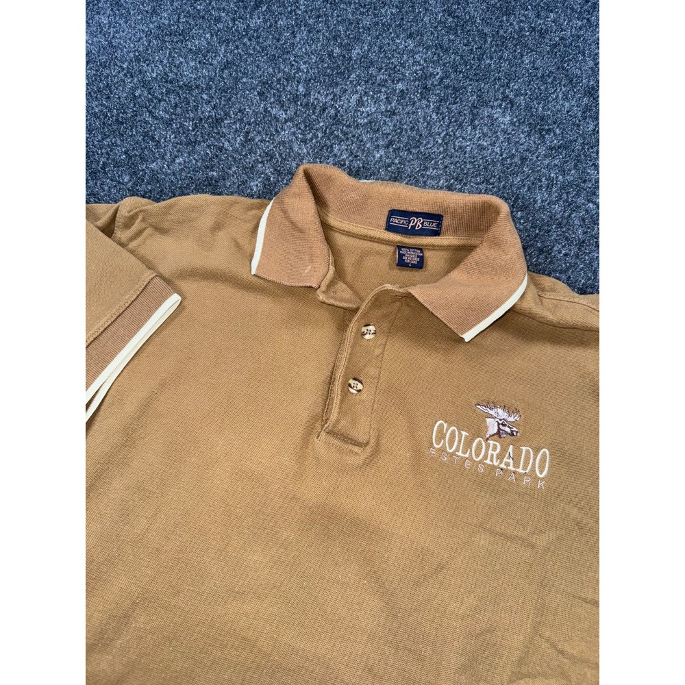 Colorado Estes Park Moose Polo Shirt Mens Large Pacific PB Blue Brown Cotton
